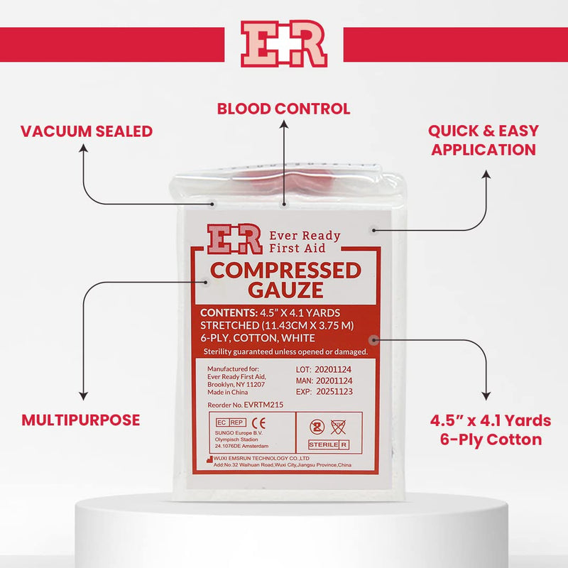 Ever Ready First Aid Compressed Sterile Gauze, 6-Ply Emergency Medical Dressing for First Aid Kits, Hemostatic Control Bandage – 4.5” x 4.1 Yards - 2 Pack - NewNest Australia