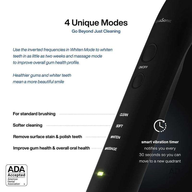 AquaSonic Black Series Ultra Whitening Toothbrush – ADA Accepted Electric Toothbrush - 8 Brush Heads & Travel Case - Ultra Sonic Motor & Wireless Charging - 4 Modes w Smart Timer - Sonic Electric - NewNest Australia