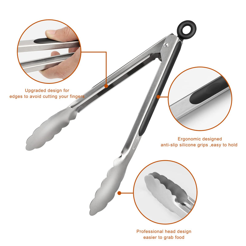 TACGEA Stainless Steel Kitchen Tongs, Silicone Non-slip Grip, Locking Grilling Food Tongs Set of 2, 9-inch & 12-inch - NewNest Australia
