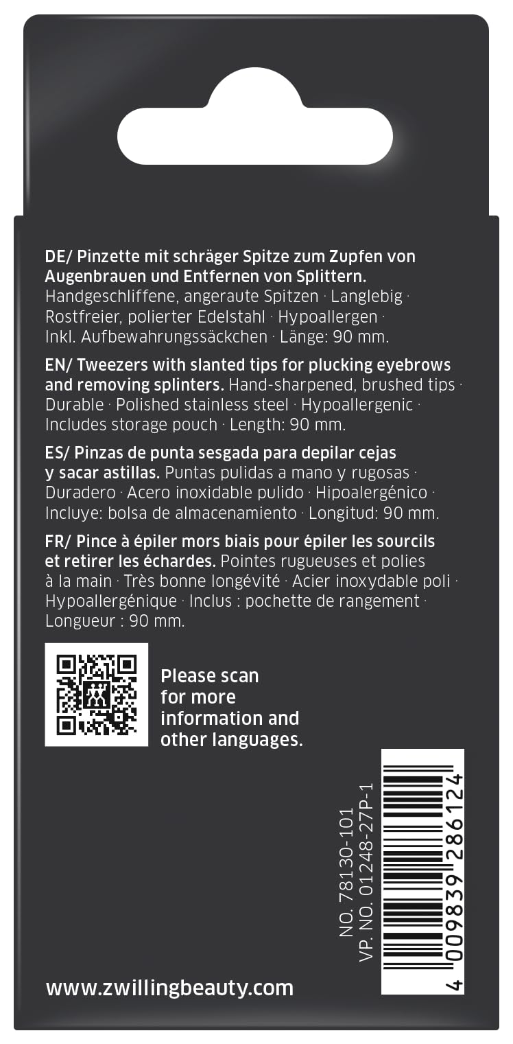 ZWILLING Oblique Tweezers for Precise Eyebrow Hair Removal, Polished Stainless Steel, 90 mm Oblique Tip - NewNest Australia