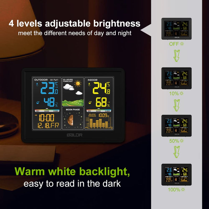 Baldr Wireless Home Weather Station with Indoor Outdoor Thermometer and Humidity Monitor,12-24 Hour Weather Forecast, Moon Phase Display, Atomic Time and Date, Barometric History, and More --Black - NewNest Australia