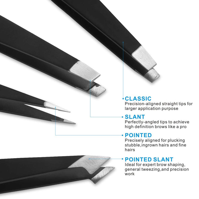Pefei Tweezers Set - Professional Stainless Steel Tweezers for Eyebrows - Great Precision for Facial Hair, Splinter and Ingrown Hair Removal (Black) - NewNest Australia
