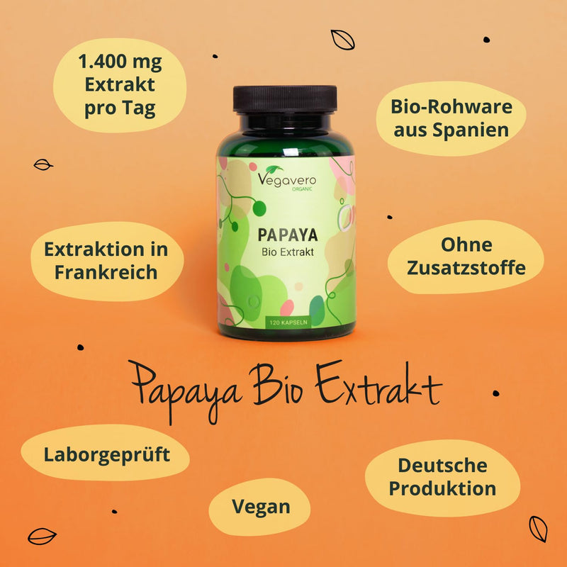 ORGANIC PAPAYA capsules Vegavero® | High dosage: 1400 mg extract | 120 capsules | 100% organic quality | Vegan & No Additives | Laboratory tested - NewNest Australia