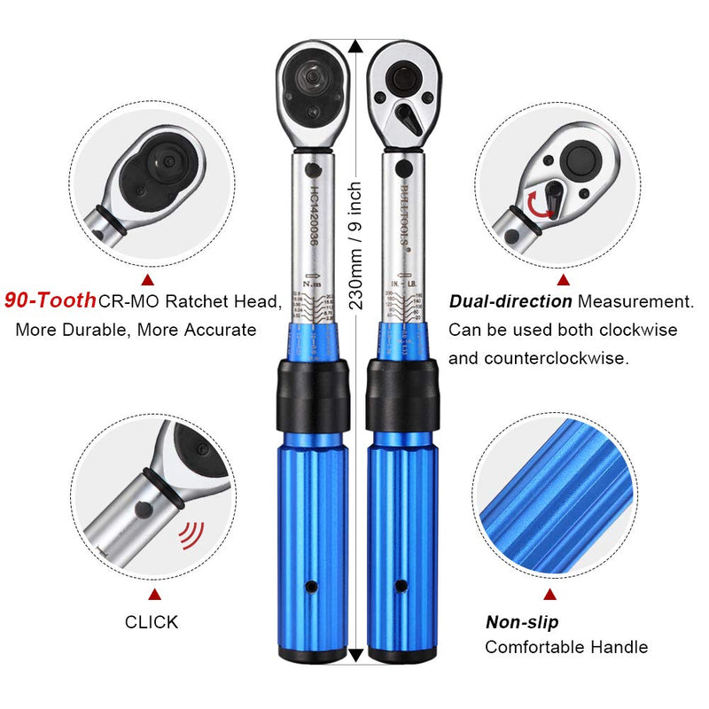 BULLTOOLS 1/4-inch Drive Dual-Direction Click Torque Wrench (20-200in.lb / 2.26-22.6Nm) 90-tooth High Accuracy Torque Wrench with Buckle - NewNest Australia