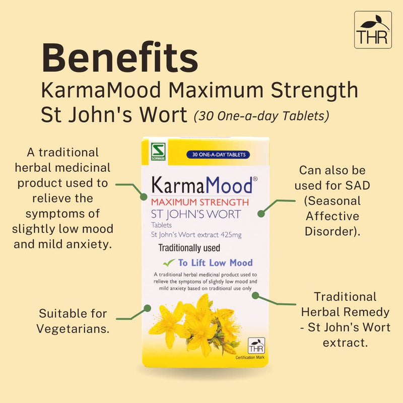 Schwabe KarmaMood Maximum Strength - St John's Wort Extract 425mg - Traditionally Used for Low Mood and Mild Anxiety - Traditional Herbal Medicinal Product - 30 Tablets 30 Count (Pack of 1) - NewNest Australia