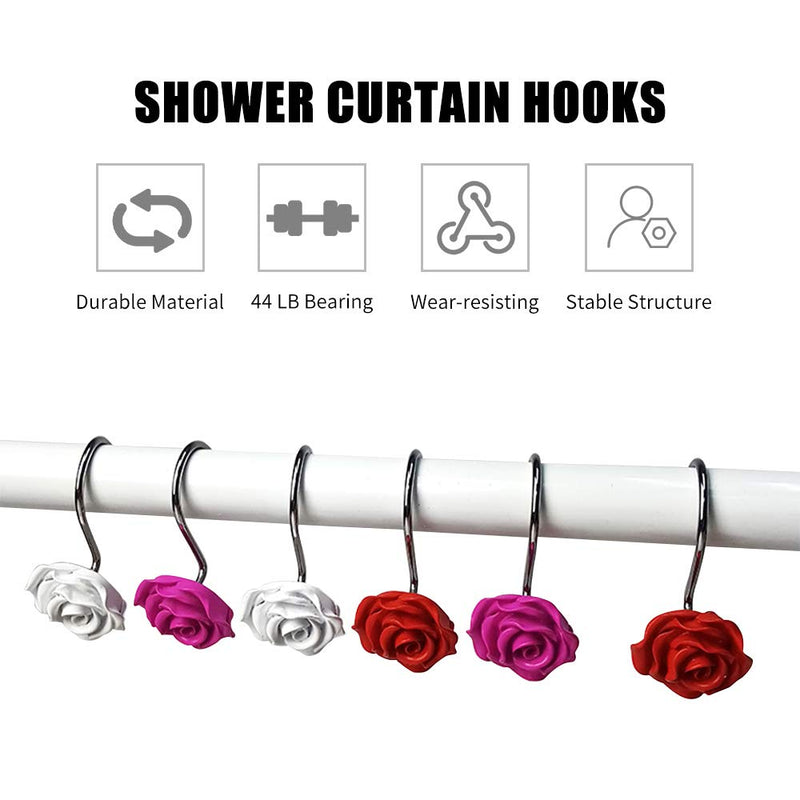 Actpe 12pcs Shower Curtain Hooks, Home Decorative Rustproof Shower Curtain Hooks Resin Rose Flower Shower Hooks Rings for Bathroom Shower Rods Curtains, Pink Rose - NewNest Australia