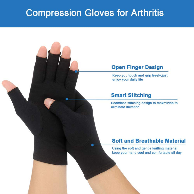 2-Pair Arthritis Compression Gloves for Alleviate Rheumatoid Osteoarthritis, Carpal Tunnel Raynauds Disease, Ease Muscle Tensi on Fingerless, Breathable & Moisture, Women and Men (Black, Small) Black Small (2 Pair) - NewNest Australia