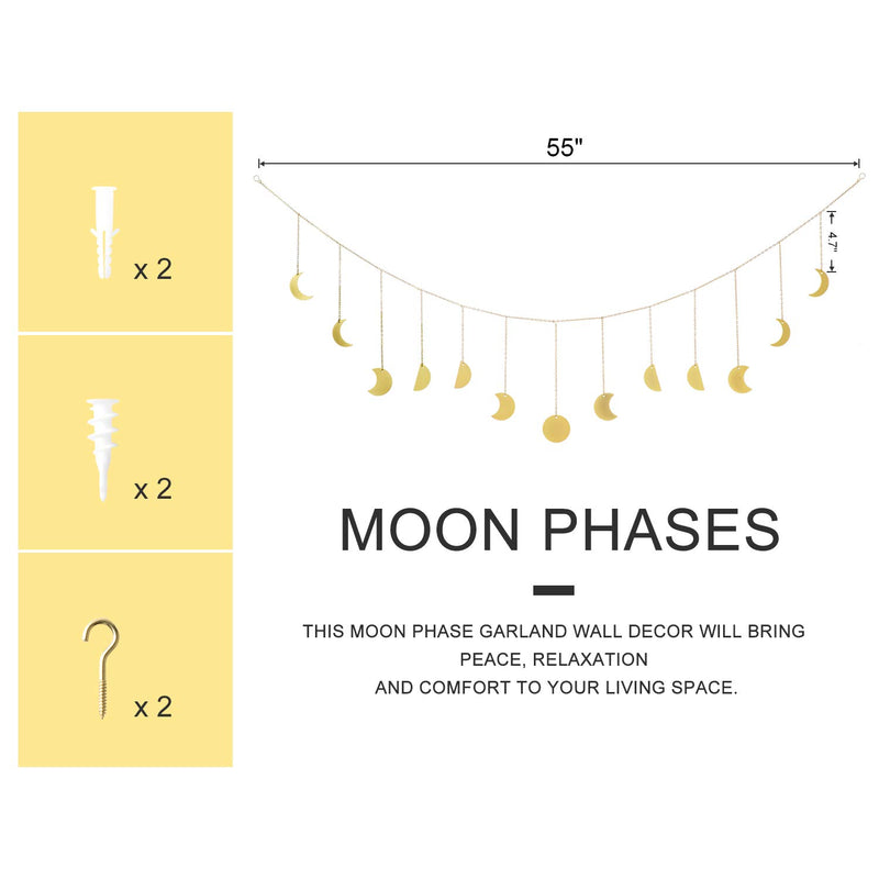 NewNest Australia - Dahey Moon Phase Wall Hanging Boho Decor Banner Golden Wall Art Garland Bohemian Metal Moon Cycle Home Decoration for Bedroom, Living Room, Apartment or Dorm, Gold Gold 