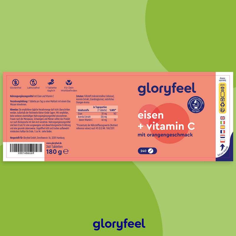 Iron with 40mg natural vitamin C - 240 tablets - Premium raw materials: iron bisglycinate (iron chelate) + vitamin C from acerola extract - Laboratory tested and made in Germany without additives - NewNest Australia