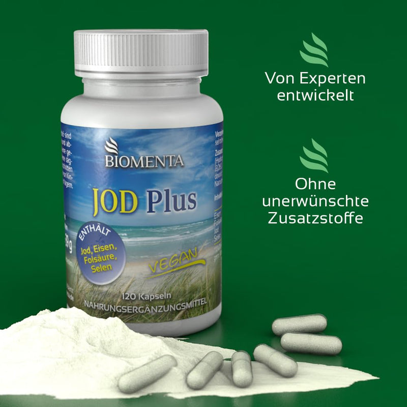 BIOMENTA Iodine Plus - 120 high-dose iodine capsules - active ingredient complex with selenium, folic acid, iron - vegan - premium quality - NewNest Australia