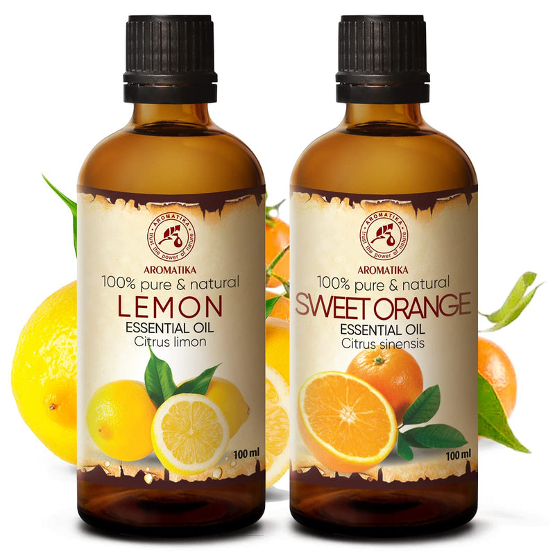 Essential Oils Set - Lemon Oil 100ml & Orange Oil 100ml - 100% Pure & Natural - Best for Aromatherapy & Spa - Perfect for Diffusers, Burners & Humidifiers - Body Care - for Good Sleep & Good Mood - NewNest Australia