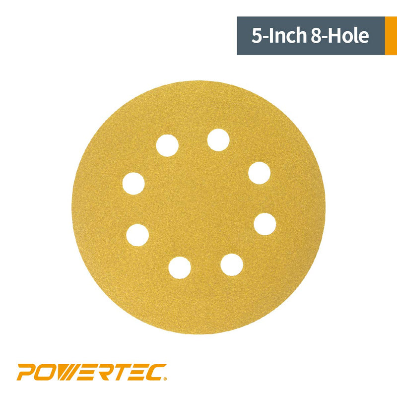 POWERTEC 44008G-50 Gold 5” Hook and Loop Sanding Disc | 8 Hole | 80 Grit – 50 Pack - NewNest Australia