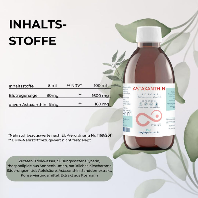 Mighty Elements Liposomal Liposomal Astaxanthin 8 mg, 250ml liquid, glass bottle, 50 servings, vegan, cherry flavor, high bioavailability, high dosage - NewNest Australia