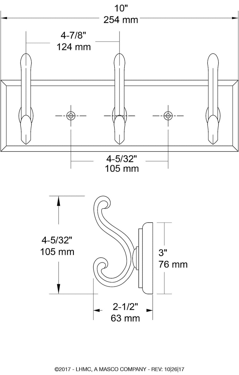 NewNest Australia - 129854 Coat Rack, 10-Inch, Wall Mounted Coat Rack with 3 Decorative Hooks, Satin Nickel and White 10 Inch Hook Rail with 3 Scroll Hooks 