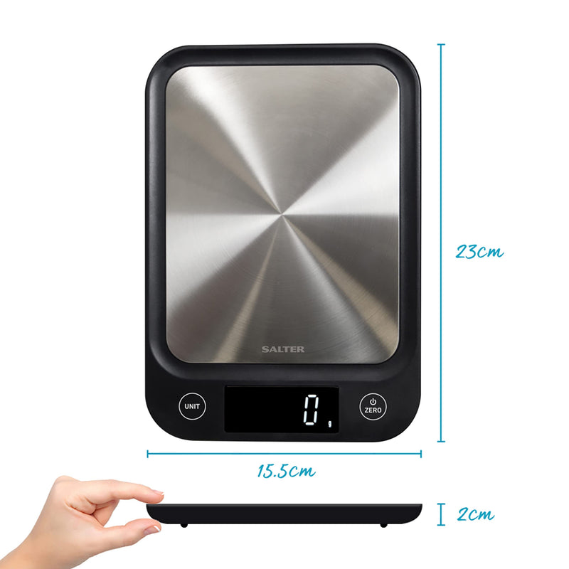 Salter 1068 SSBKDR Ultra Slim Electronic Kitchen Scale, Stainless Steel Platform, Grams & oz. for Baking & Cooking, Easy Clean, Add & Weigh, Measures Liquids, Backlit Display, Black stainless steel Black, Stainless Steel Scales Single - NewNest Australia
