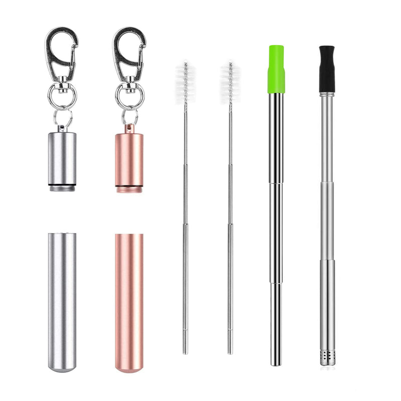 2 Pcs Portable Metal Straws, 3-Section Adjustable Telescopic Straw with Silicone Tips Cover, Aluminum Keychain Case and Telescopic Cleaning Brush, Unique Design for Home Travel(Silver & Gold) - NewNest Australia