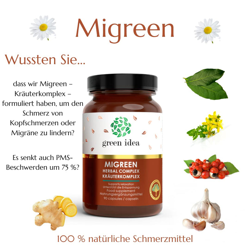 Migreen - Relief From Headaches And Migraines | 100% Natural Powerful Herbal Complex | Safe Alternative | With Regular Use Decreases Frequency | No Side Effects 90 Caps. - NewNest Australia