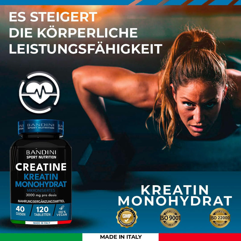 Bandini Creatine Monohydrate Mercury Free 120 Tablets - 3000 Mg Creatine Monohydrate In Micronized Quality Optimal High Dose - Creatine Without Additives - 100% Vegan - Supply For 40 Days - NewNest Australia