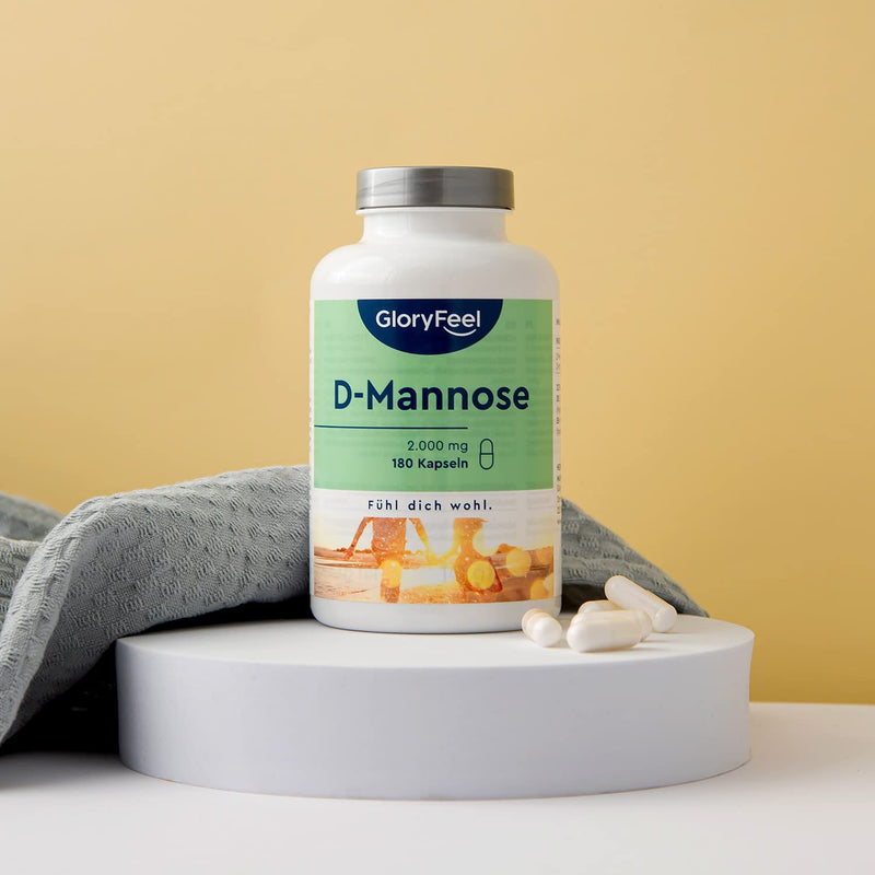 gloryfeel D-Mannose high dose - 2000 mg pure D Mannose per daily serving - 180 capsules from plant origin - 100% vegan, laboratory tested and made in Germany without additives - NewNest Australia