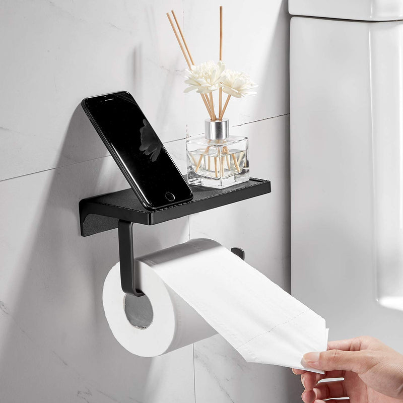 Toilet Paper Roll Holder with Shelf Tissue Dispenser Storage Cell Phone Shelves Wall Mounted Bathroom Accessories Black Toilet Paper Holder Black - NewNest Australia