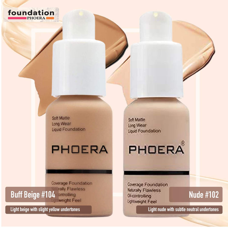 Phoera Foundation Full Coverage Makeup Set - Includes Nude & Buff Beige 30ml Matte Foundation, 6ml Face Primer, Cool Beige Setting Powder & 50ml Setting Spray for Shine-Free Matte Finish - NewNest Australia