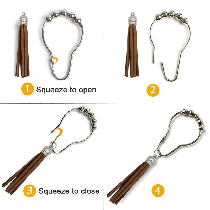 Decorative Shower Curtain Hooks Rings, 12 PCS 304 Stainless Steel Shower Curtain Rings with Tassel for Bathroom Shower Rods Curtains Home Decorations, Brown - NewNest Australia