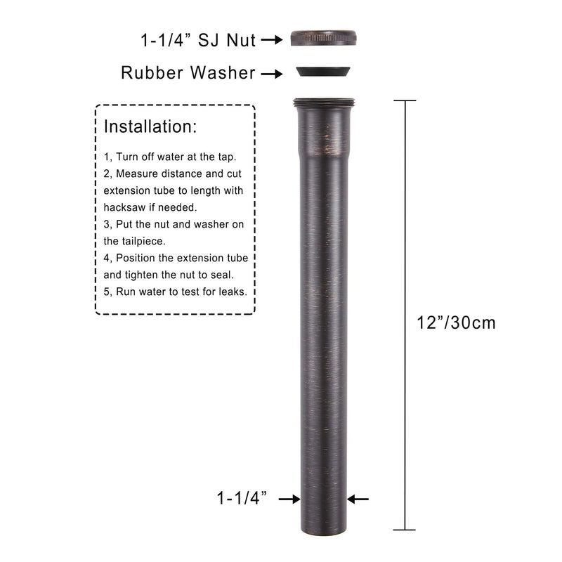 Brass Slip Joint Extension Tube 1-1/4” OD x 12” with Nut and Rubber Washer, P Trap Extension Tube, Sink Drain Tailpiece Tube Extension, Oil Rubbed Bronze - NewNest Australia