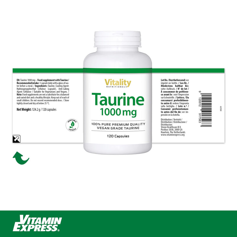 Taurine 1000 Mg, 120 Capsules For 4 Months. Taurine High Dose With 1000 Mg Pure Taurine Per Capsule. Free From Lactose, Soy, Gluten And Yeast. Vegan. Vitality Nutritionals By Vitaminexpress - NewNest Australia