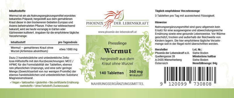 Wormwood Tablets, 600 Mg Active Ingredient (Artemisia Absinthium, Bitter Mugwort), 140 Tablets, Premium Quality, Made In Austria, Tablets Instead Of Capsules, Vegan - NewNest Australia