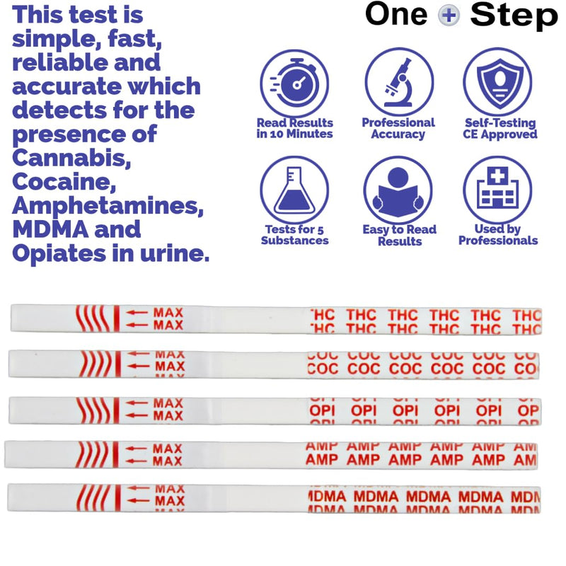 One Step - 1 Pack (5 Tests) Home Drug Test Kits - Tests for Cannabis, Cocaine, Heroin (Opiates), Speed (Amphetamines) and Ecstasy (1x5 Drug Pack) - NewNest Australia