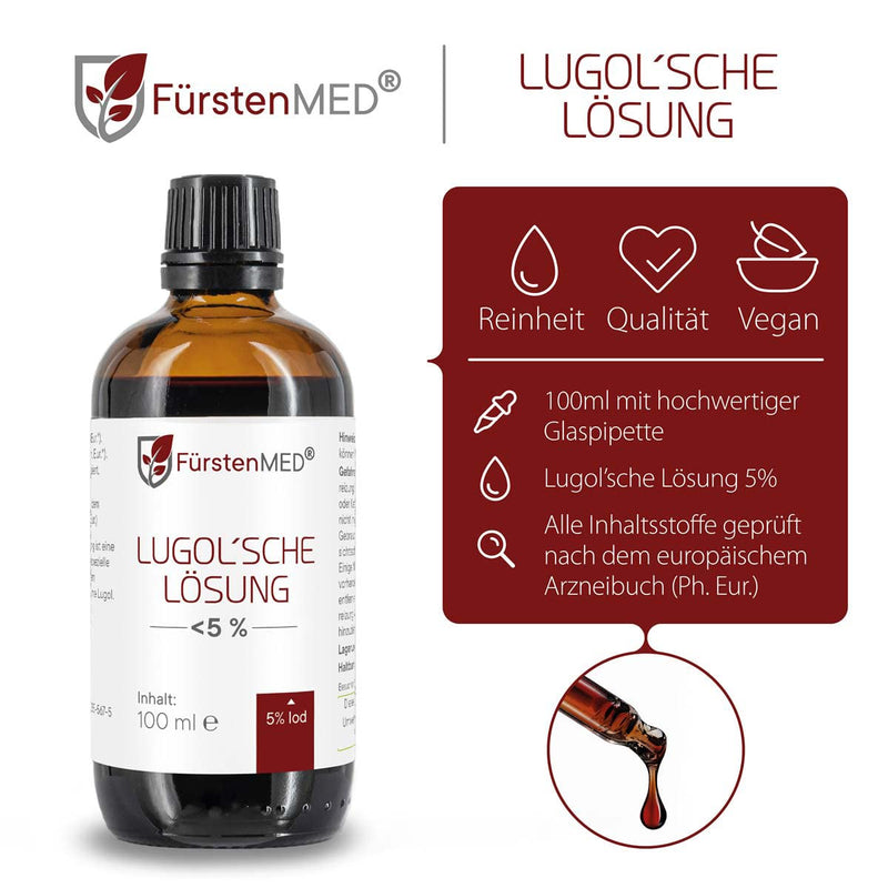FürstenMED® Lugol's solution 5% iodine solution - 100 ml (Iodine) iodine drops brown glass bottle with dropper pipette - Lugol's solution 5 percent - iodine liquid - without additives - NewNest Australia