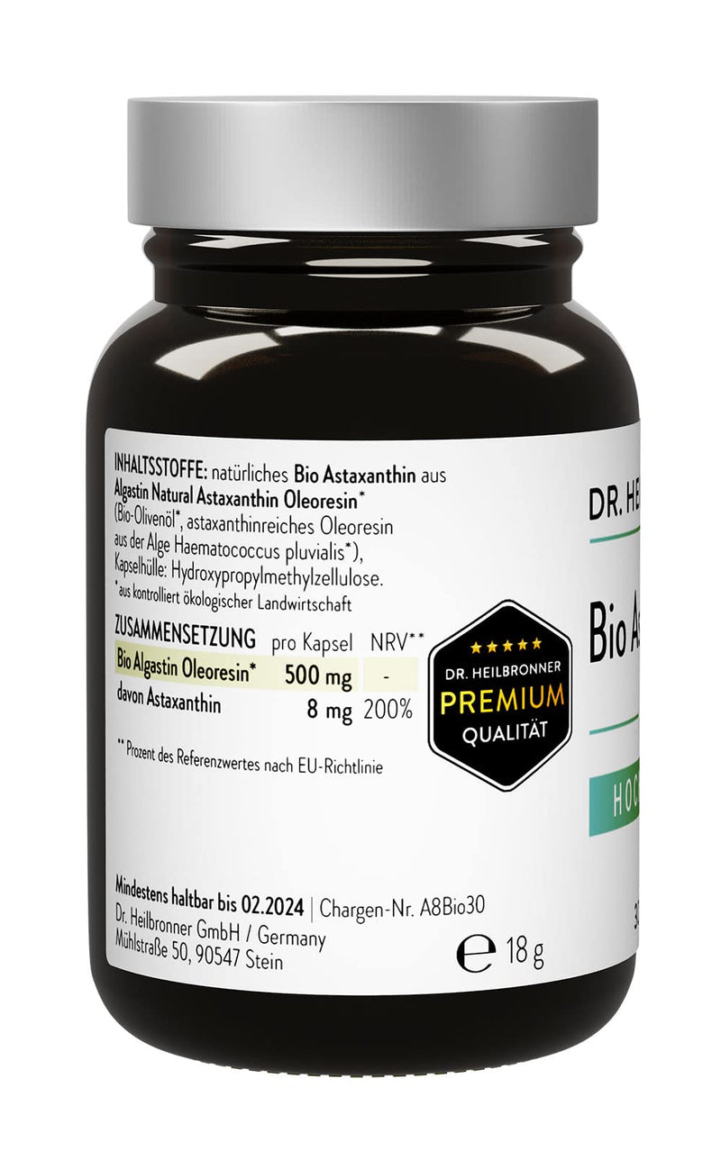 Dr. Heilbronner organic astaxanthin 8 mg capsules high dosage in a glass bottle I antioxidants from the vital alga Haematococcus Pluvialis I supplements carotenoid capsules vegan gluten-free & lactose-free - NewNest Australia