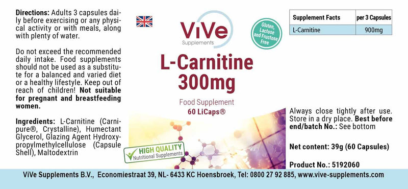 L-Carnitine 300 mg - 60 capsules - crystalline Carnipure carnitine in airtight LiCaps - high dosage and vegan | Quality from Germany from ViVe Supplements - NewNest Australia