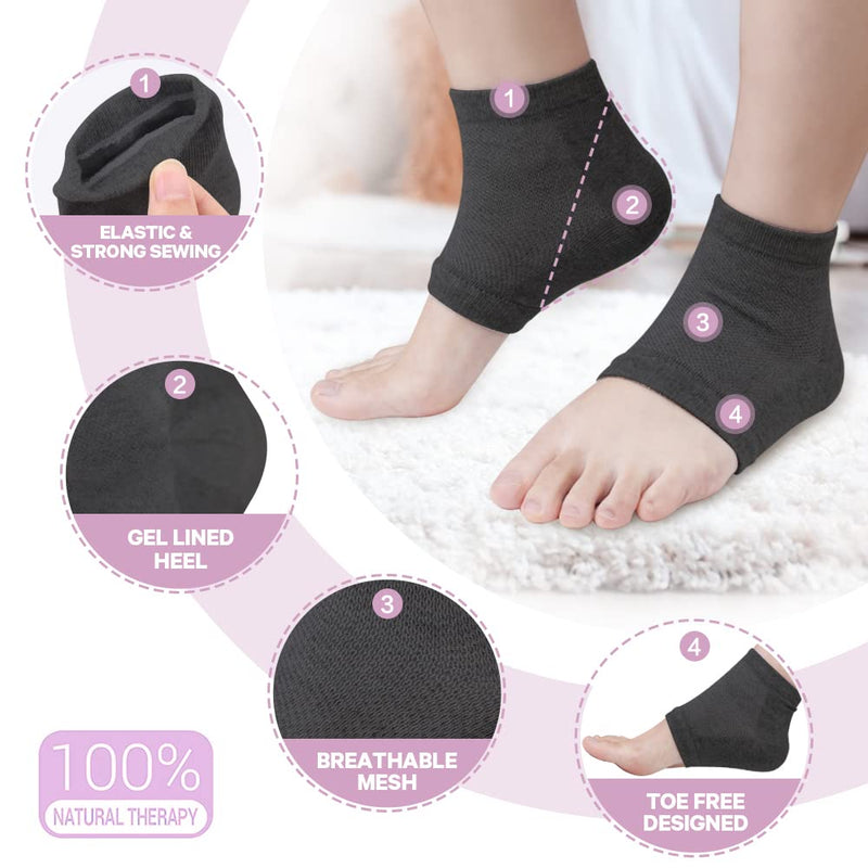 Hilph®Moisturizing Gel Heel Socks for Hard Cracked Heels, 2 Pairs Soft Ventilate Open Toe Socks for Dryness Relieve Cracked, Alleviate Heel Pressure, Spa Lotion Gel Socks (Black) Black - NewNest Australia