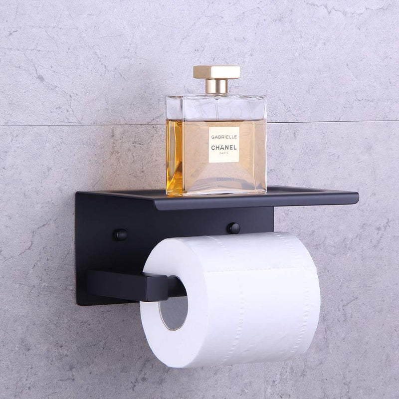 GERZWY Bathromm Toilet Paper Roll Holder with Shelf SUS 304 Stainless Steel Paper Towel Dispenser Tissue Hanger Wall Mounted Matte Black - NewNest Australia