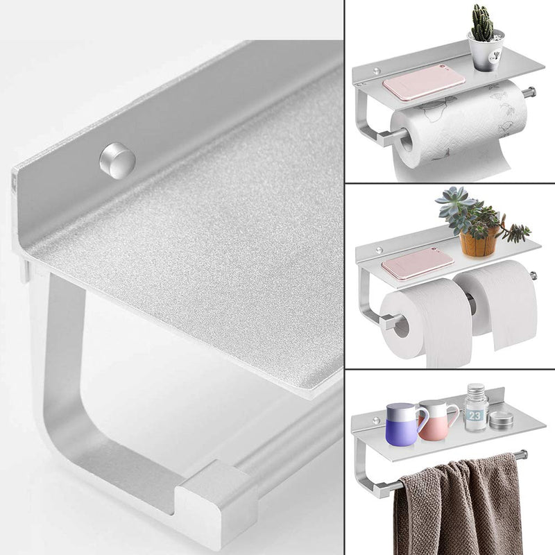 BESy Paper Towel Holder Wall Mounted for Kitchen 13 Inch, Bathroom Tissue Roll Hanger with Mobile Phone Storage Shelf,Space Aluminum, Wall Mount with Screws, Dull Polished Silver - NewNest Australia