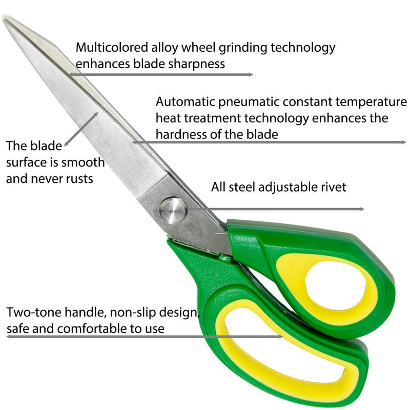 Dressmaking Scissors Heavy Duty Dressmaker Fabric Shears Tailor Scissors for Cutting Fabric, Leather, Raw Materials, Dressmakings, Altering, Sewing & Tailoring 9.5inch Long (Green Yellow) Green Yellow - NewNest Australia