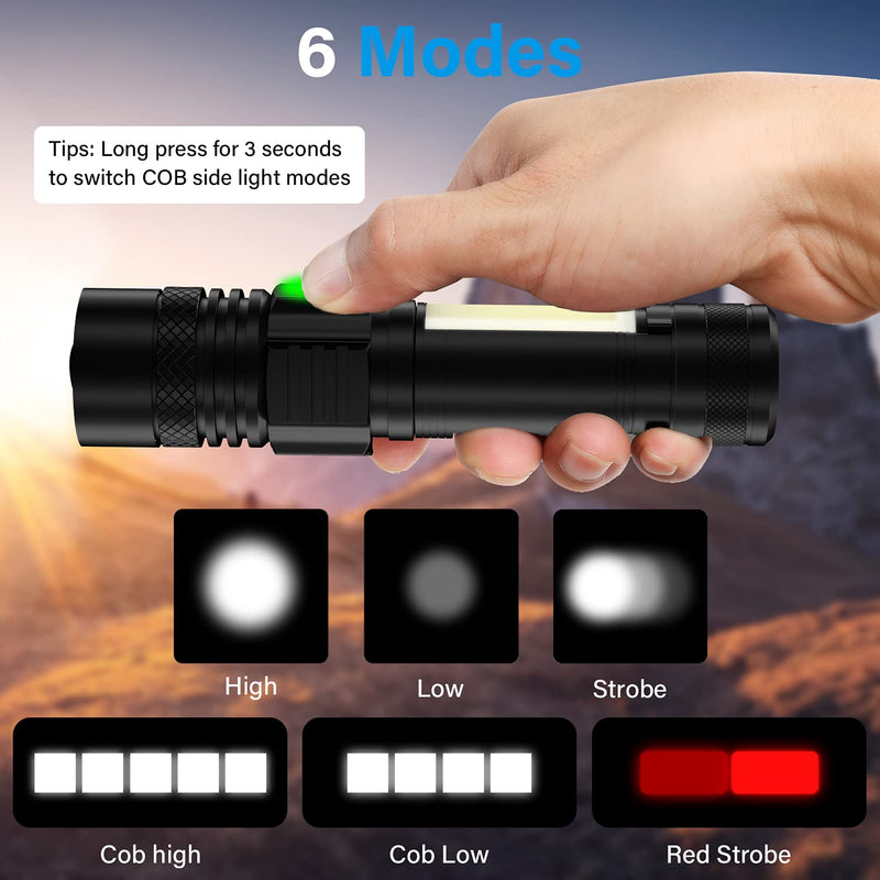 USB Rechargeable Flashlight, Vnina Magnetic LED Flashlights Super Bright Tactical Flashlights with Cob Sidelight Waterproof Zoomable 6 Modes USB Rechargeable for Camping Emergency(Battery Included) Red - NewNest Australia