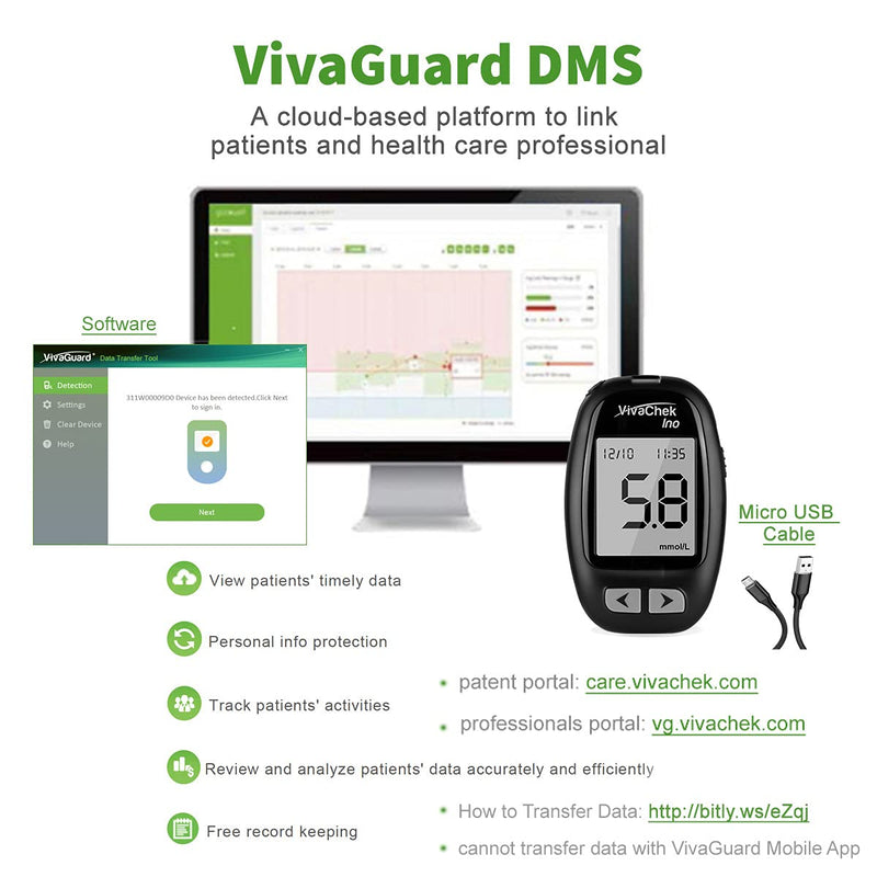 Blood Glucose Monitor Meter, Diabetes Test Kit [2022 Upgrade VivaChek Ino] MicroUSB Data Transmission, 900 Memories, 5 Test Reminders, Hypo and Ketone Warning with 50 Test Strips and 50 Lancets - NewNest Australia