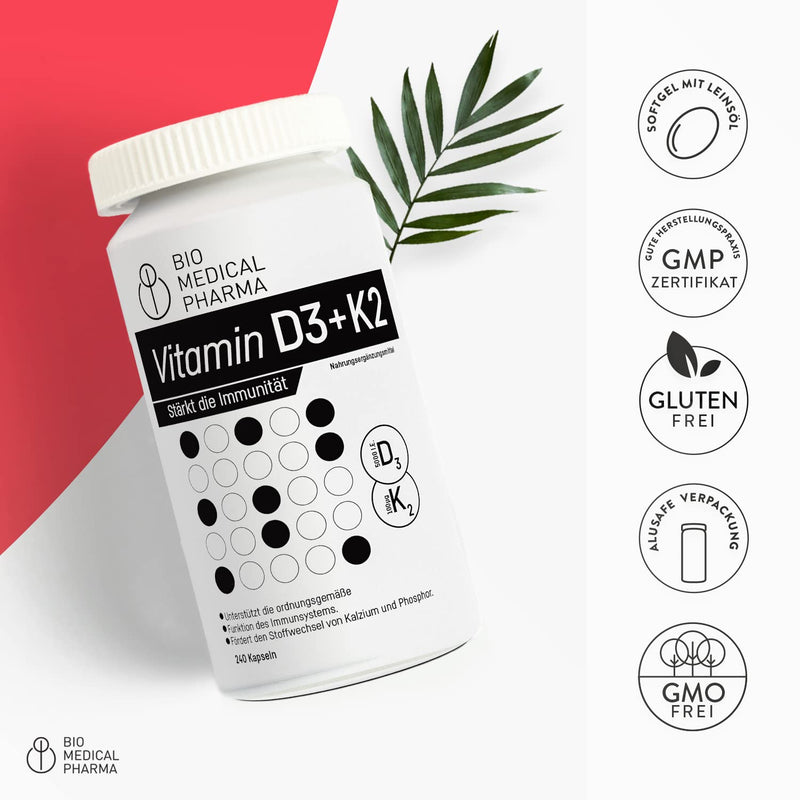 Vitamin D3 K2 MK-7 High dosage - 240 softgel capsules - 5000 IU vitamin D and 100mcg vitamin K2 MK7 - High bioavailability Vitamin D K2 with linseed oil - No additives - NewNest Australia