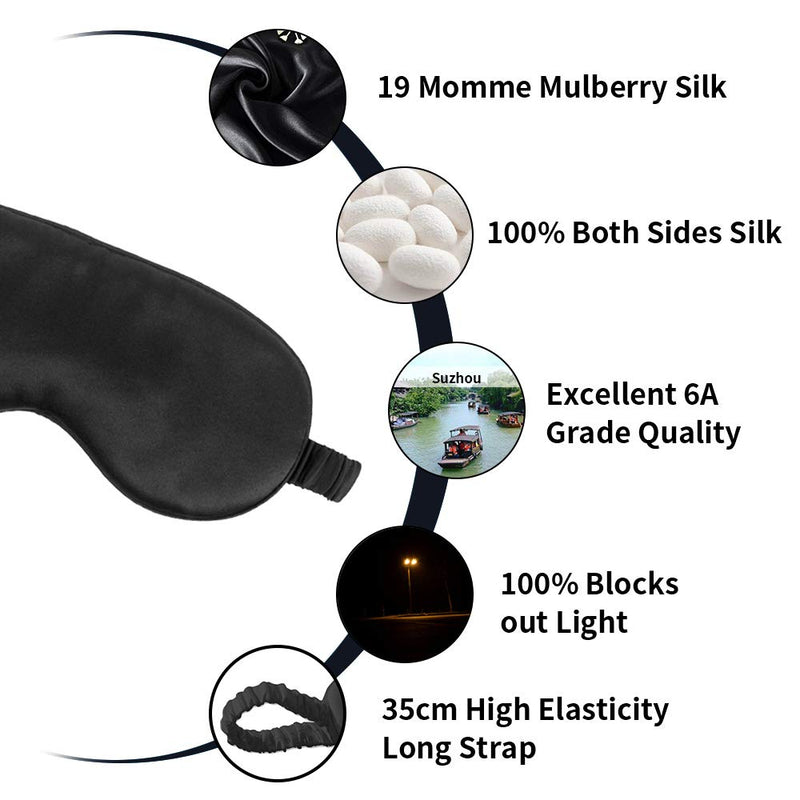 Sleep Mask,Silk Eye Mask for Sleeping Women/Men/Girls,19 Momme Both Sides 100% Pure Mulberry Silk Blackout Anti-Allergy Blindfold with Elastic Strap for Night,Travel,Nap,Meditation (Black) Black - NewNest Australia