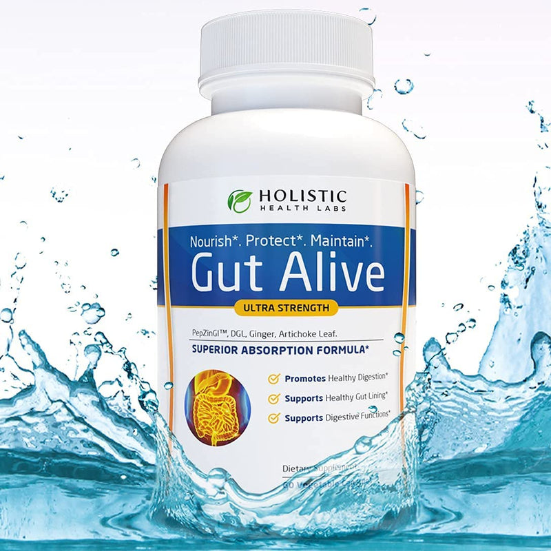 Holistic Health Labs Gut Alive - For Leaky Gut with Zinc Carnosine, Ginger Root, Artichoke Leaf Extract & Licorice (DGL). Supports IBS, Heartburn, Bloating, Gas, Constipation. 60 Capsules. - NewNest Australia