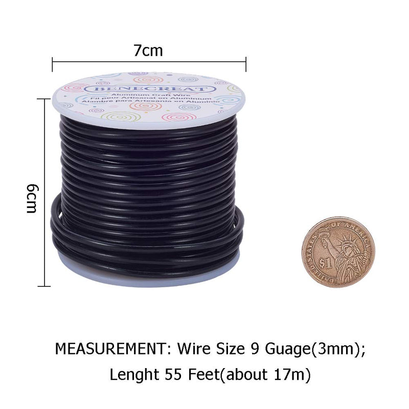 BENECREAT 9 Gauge Jewelry Craft Aluminum Wire 55 Feet Bendable Metal Sculpting Wire for Craft Floral Model Skeleton Making (Black, 3mm) Black - NewNest Australia