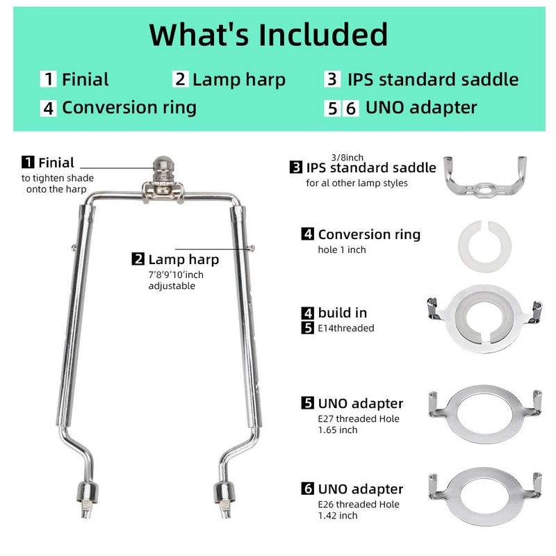 7 8 9 10 inch TooToo Star Lamp Shade Harp Holder 3/8 Standard&E14&E26&E27 Light Base UNO Fitter Adapter Converter Finial Set,Adjustable Tall 7 8 9 10 inch, Detachable Parts Silver Bracket Support - NewNest Australia