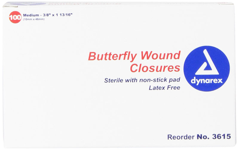 Dynarex Adhesive Bandage, Butterfly Fab, Medium, 3/8 Inches x 1 13/16 Inches Sterile, 100 Count Medium (Pack of 100) - NewNest Australia