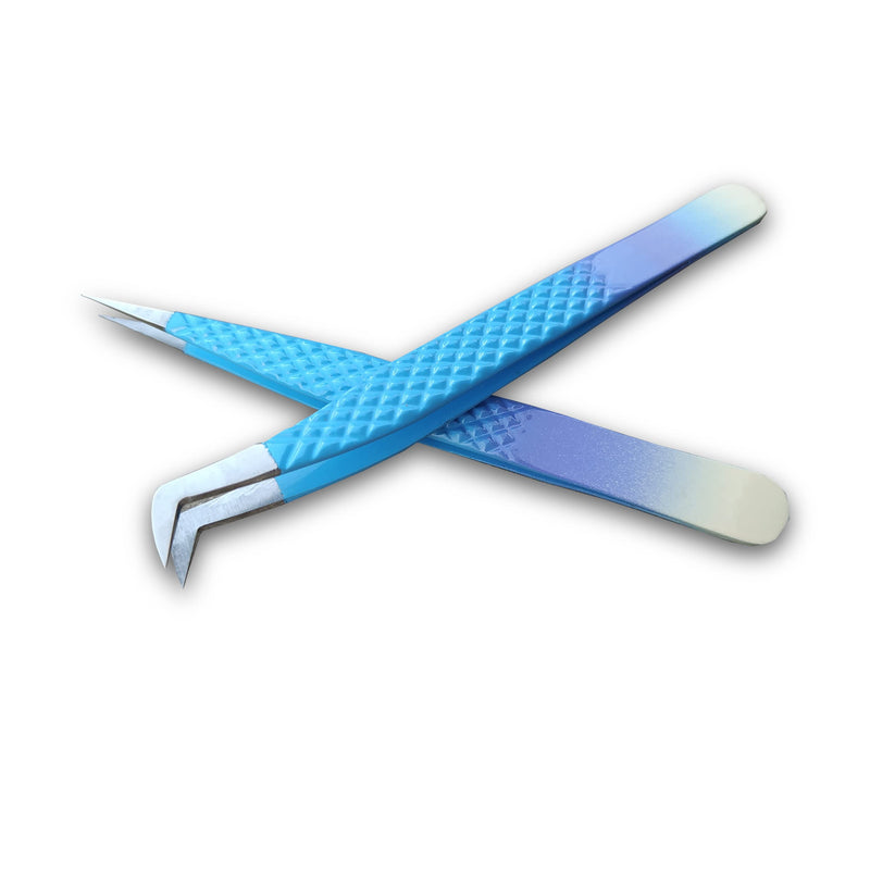 Eyelash Tweezers-2 Pieces Diamond Grip Eyelash Extensions Tweezers With Silver Tip-COSSMOO Straight And Angled Curved L-Shape Volume Tweezers For Lashes Extension, Lash Tweezers For False Lash, Blue - NewNest Australia