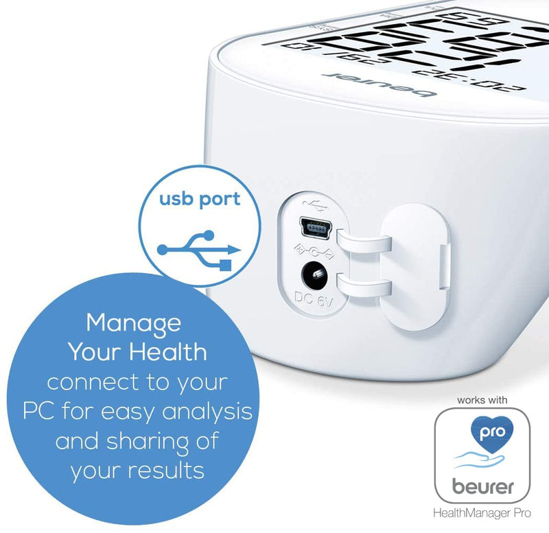 Beurer BM 55 upper arm blood pressure monitor with patented rest indicator for accurate measurement results, with USB interface, risk indicator, arrhythmia detection, for upper arm circumferences of 22-42 cm - NewNest Australia