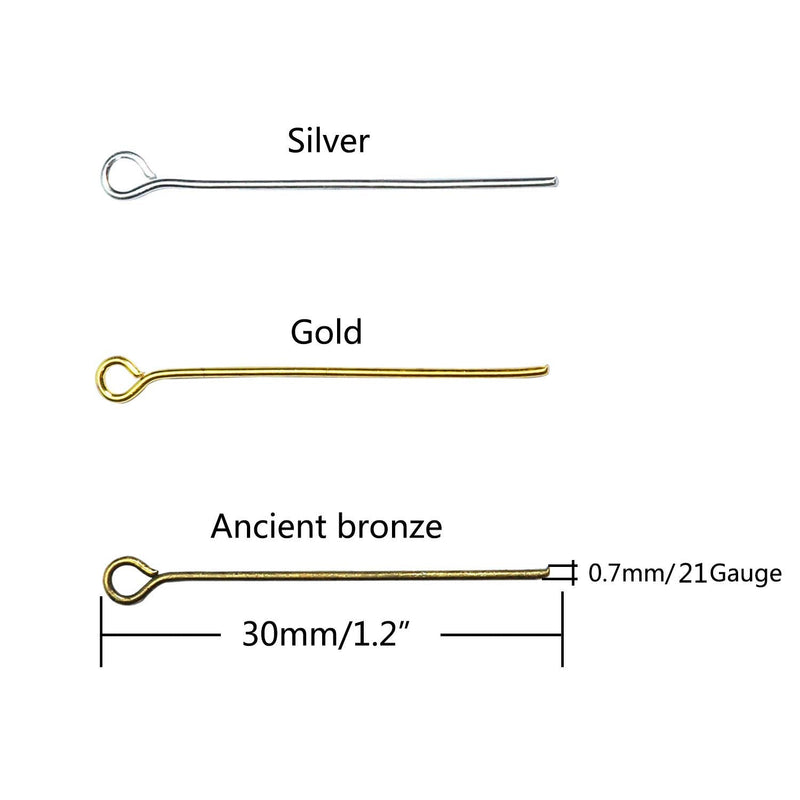 TOAOB 600pcs 1.2 Inch 30mm Eye Pins Gold Silver and Antique Bronze 21 Gauge Metal Wire Head Pins Findings for DIY Crafts Necklaces Bracelets Earrings Jewelry Making - NewNest Australia