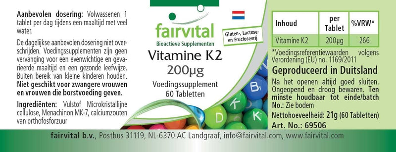 Fairvital | Vitamin K2 MK-7 200µg - HIGH DOSE - Menaquinone MK-7 - natural & fermented from natto - VEGAN - 60 tablets - NewNest Australia