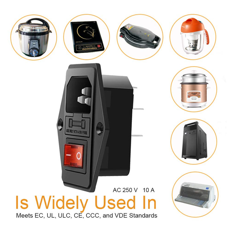 Module Plug,10A Fuse Switch Male Power Socket,Adapter Power Connector,3 Pins Inlet Power Socket,Black,Red Button,AC 250V 10A IEC 320 C14 3 Pieces - NewNest Australia